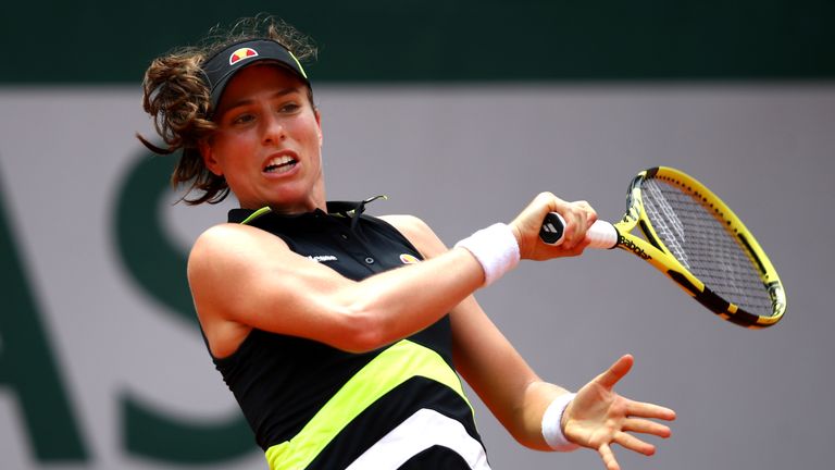 Johanna Konta of Great Britain plays a forehand during her ladies singles quarter-final match against Sloane Stephens of The United States during Day ten of the 2019 French Open at Roland Garros on June 04, 2019 in Paris, France.