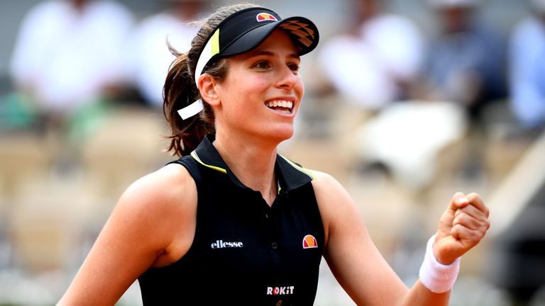 Johanna Konta of Great Britain celebrates victory during her ladies singles quarter-final match against Sloane Stephens of The United States during Day ten of the 2019 French Open at Roland Garros on June 04, 2019 in Paris, France