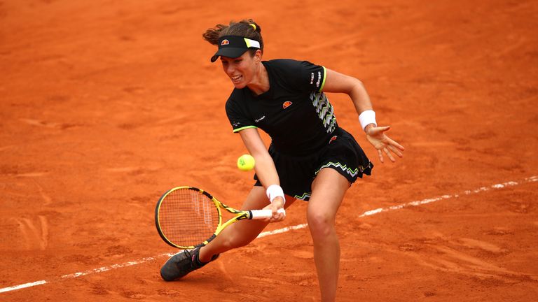 Johanna Konta of Great Britain plays a forehand during her ladies singles semi-final match against Marketa Vondrousova of The Czech Republic during Day thirteen of the 2019 French Open at Roland Garros on June 07, 2019 in Paris, France
