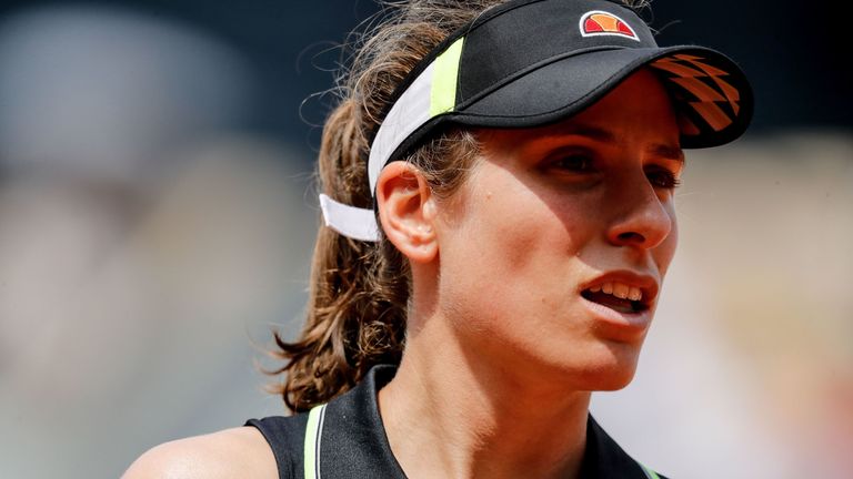 Britain's Johanna Konta reacts during her women's singles quarter-final match against Sloane Stephens of the US on day ten of The Roland Garros 2019 French Open tennis tournament in Paris on June 4, 2019. 