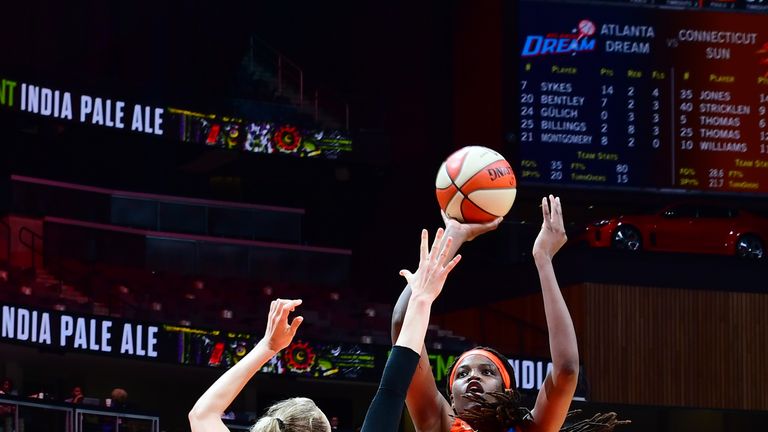 Jonquel Jones #35 of Connecticut Sun shoots the ball against the Atlanta Dream on June 9, 2019 at the State Farm Arena in Atlanta, Georgia.