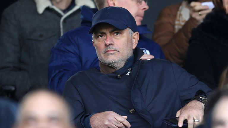 Jose Mourinho is seen in the stands prior to the Premier League match between Fulham and Everton at Craven Cottage on April 13, 2019