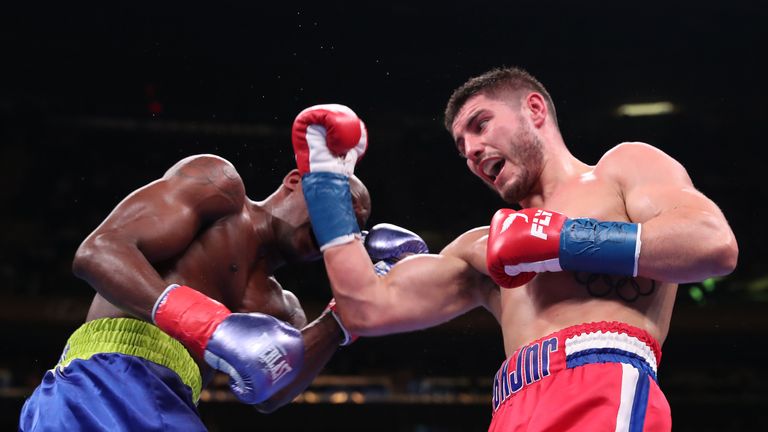 June 1, 2019; New York, NY; Josh Kelly and Ray Robinson during their bout at Madison Square Garden in New York City.  Mandatory Credit: Ed Mulholland/Matchroom Boxing UK