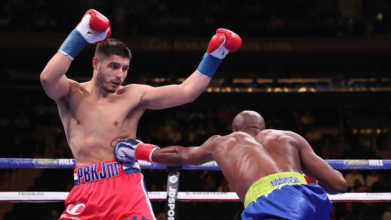 June 1, 2019; New York, NY; Josh Kelly and Ray Robinson during their bout at Madison Square Garden in New York City.  Mandatory Credit: Ed Mulholland/Matchroom Boxing UK