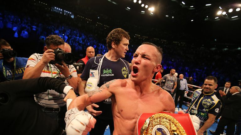 LEEDS, ENGLAND - JUNE 15: Josh Warrington reacts after winning the IBF World Featherweight Title fight between Josh Warrington and Kid Galahad at First Direct Arena on June 15, 2019 in Leeds, England. (Photo by Nigel Roddis/Getty Images)                 