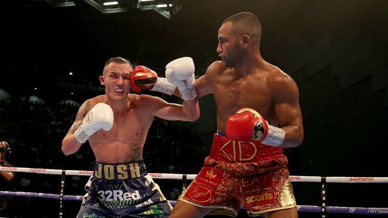 LEEDS, ENGLAND - JUNE 15: Josh Warrington (L) in action with Kid Galahad during the IBF World Featherweight Title fight between Josh Warrington and Kid Galahad at First Direct Arena on June 15, 2019 in Leeds, England. (Photo by Nigel Roddis/Getty Images)