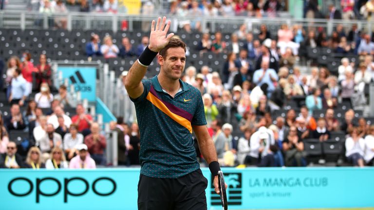 Juan Martin del Potro of Argentina celebrates victory after his First Round Singles Match against Denis Shapovalov of Canada during day Three of the Fever-Tree Championships at Queens Club on June 19, 2019 in London, United Kingdom. 
