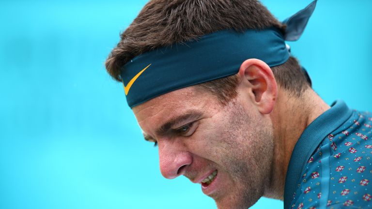 Juan Martin del Potro of Argentina looks on during his First Round Singles Match against Denis Shapovalov of Canada during day Three of the Fever-Tree Championships at Queens Club on June 19, 2019 in London, United Kingdom. 