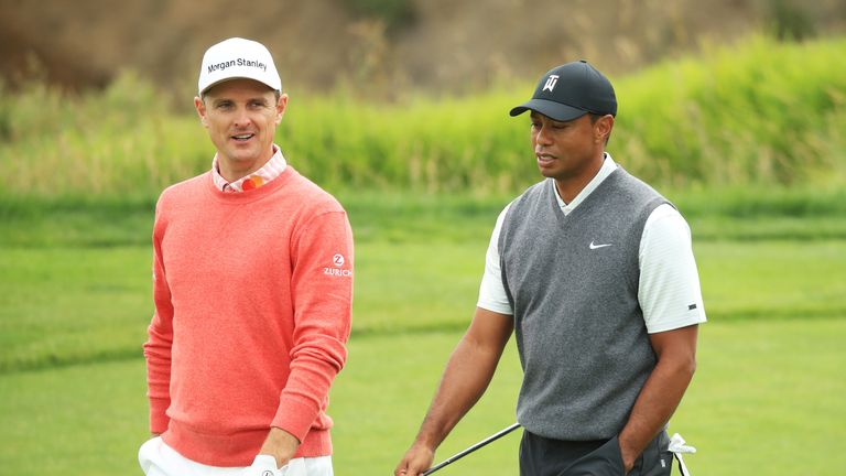 Justin Rose and Tiger Woods during the first round at the US Open