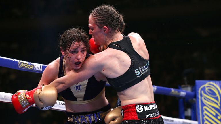 June 1, 2019; New York, NY; WBA, IBF and WBO lightweight women&#39;s champion Katie Taylor and WBC lightweight women&#39;s champion Delfine Persoon during their unification bout at Madison Square Garden in New York City.  Mandatory Credit: Ed Mulholland/Matchroom Boxing UK