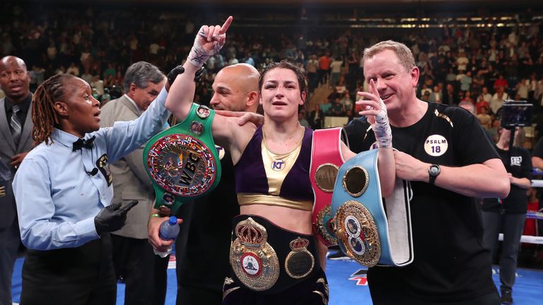 June 1, 2019; New York, NY; WBA, IBF and WBO lightweight women's champion Katie Taylor and WBC lightweight women's champion Delfine Persoon during their unification bout at Madison Square Garden in New York City.  Mandatory Credit: Ed Mulholland/Matchroom Boxing UK