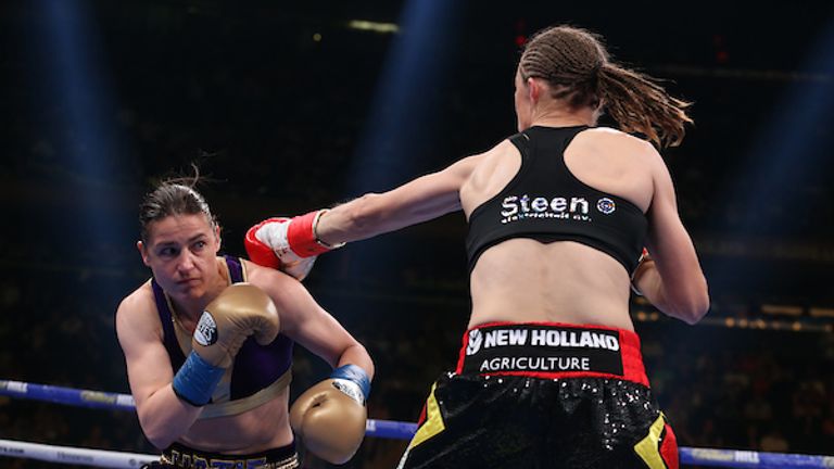 June 1, 2019; New York, NY; WBA, IBF and WBO lightweight women's champion Katie Taylor and WBC lightweight women's champion Delfine Persoon during their unification bout at Madison Square Garden in New York City.  Mandatory Credit: Ed Mulholland/Matchroom Boxing UK