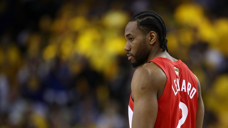 Kawhi Leonard #2 of the Toronto Raptors reacts against the Golden State Warriors in the first half during Game Four of the 2019 NBA Finals at ORACLE Arena on June 07, 2019 in Oakland, California.