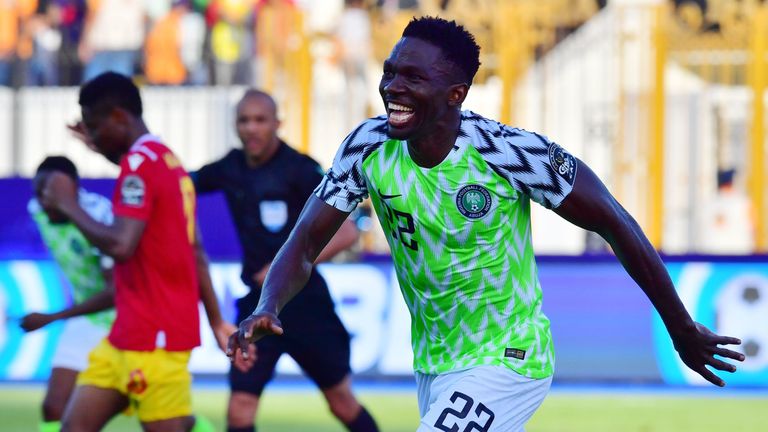 Kenneth Omeruo celebrates his goal during the 2019 Africa Cup of Nations (CAN) football match between Nigeria and Guinea