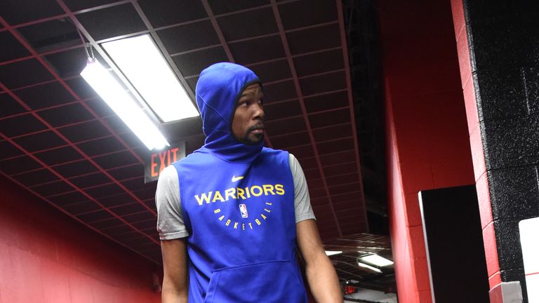 Kevin Durant #35 of the Golden State Warriors walks to the court on June 9, 2019 at Scotiabank Arena in Toronto, Ontario, Canada.