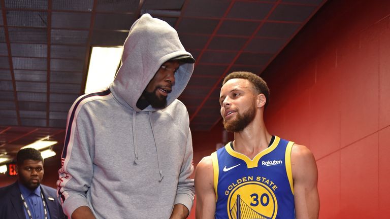 Kevin Durant's role in the NBA Finals has been limited to greeting his teammates outside of the locker room