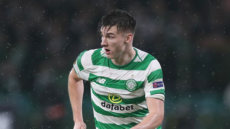Kieran Tierney in action during the Europa League, Group B match between Celtic and RB Leipzig at Celtic Park on November 8, 2018