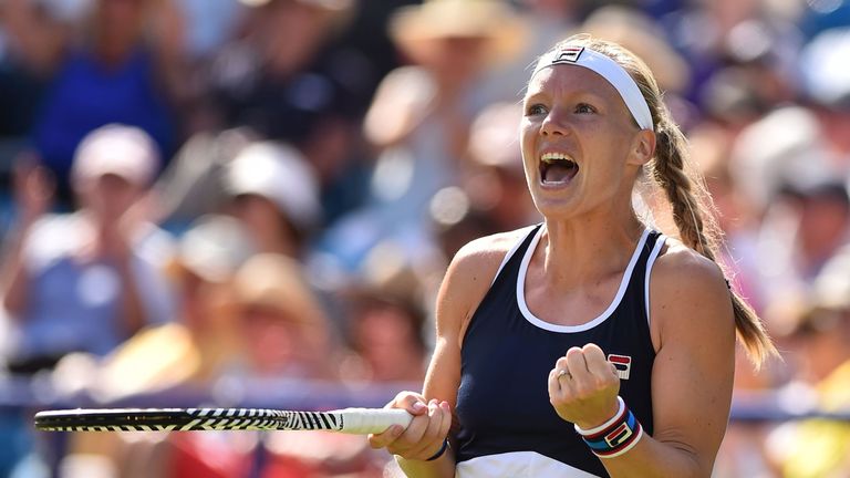 Kiki Bertens celebrates her quarter-final victory in Eastbourne