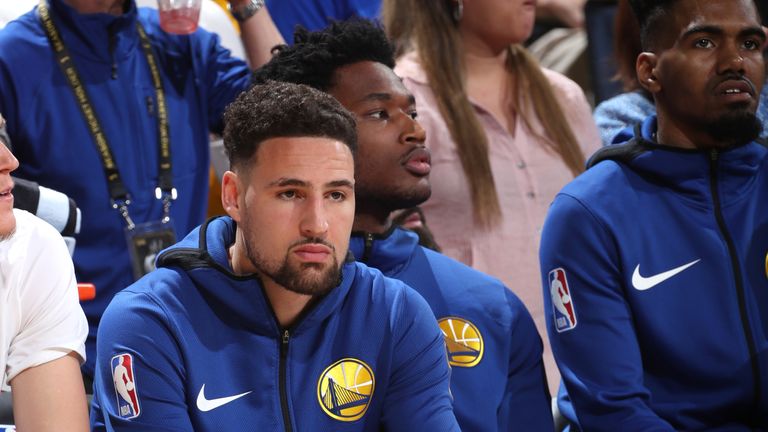 Klay Thompson cut a frustrated figure as he sat out Game 3 of the NBA Finals