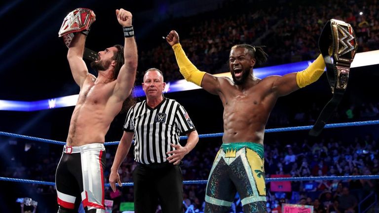 Seth Rollins and Kofi Kingston defeated Kevin Owens and Sami Zayn in a 2 out of 3 falls match