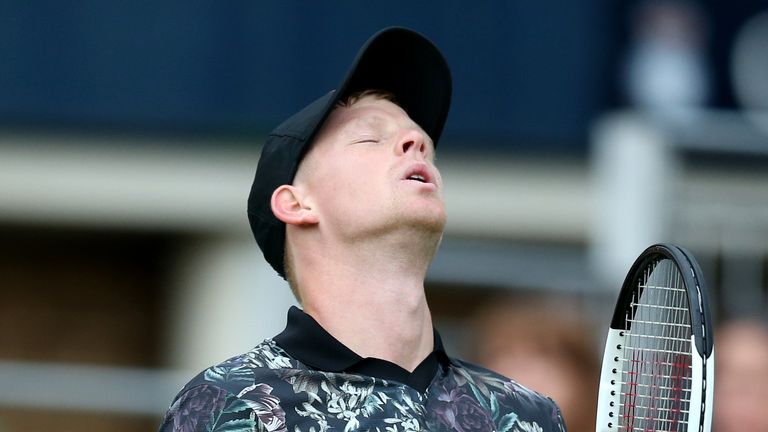 Kyle Edmund of Great Britain reacts after loosing a point during his First Round Singles Match against Stefanos Tsitsipas of Greece during day Three of the Fever-Tree Championships at Queens Club on June 19, 2019 in London, United Kingdom