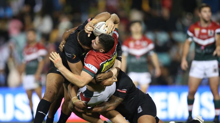 SYDNEY, AUSTRALIA - JUNE 22: Kayne Kalache of Lebanon is tackled during the Pacific International Test Match between Fiji and Lebanon at Leichhardt Oval on June 22, 2019 in Sydney, Australia. (Photo by Jason McCawley/Getty Images)