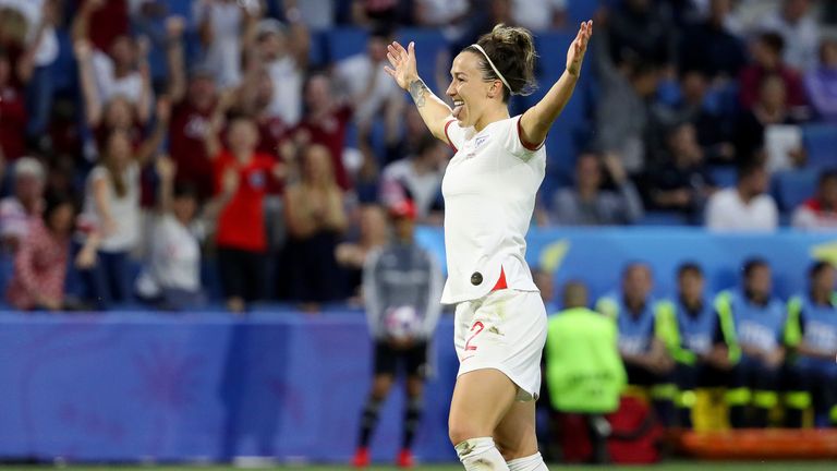 Lucy Bronze celebrates scoring England's third goal against Norway in Women's World Cup quarter-finals