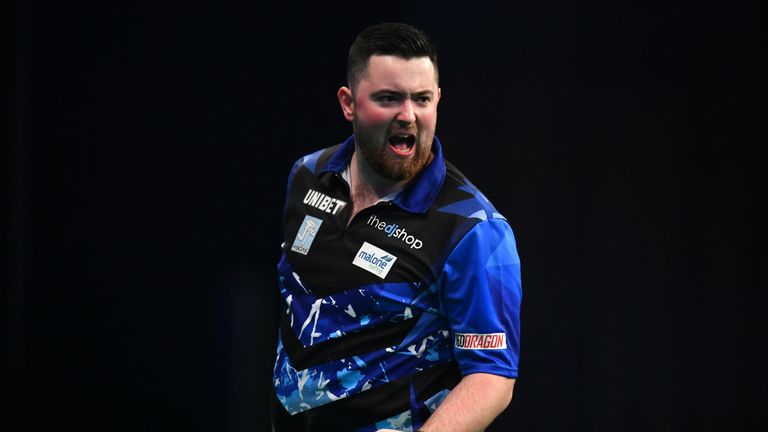 Luke Humphries of England celebrates against Gerwyn Price of Wales during the 2019 Unibet Premier League Darts at Westpoint Arena on February 28, 2019 in Exeter, England
