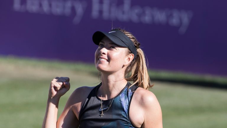 Russia's Maria Sharapova celebrates after winning against Slovakia's Viktoria Kuzmova during their women's singles match of the Mallorca Open tennis tournament in Santa Ponca on June 18, 2019.