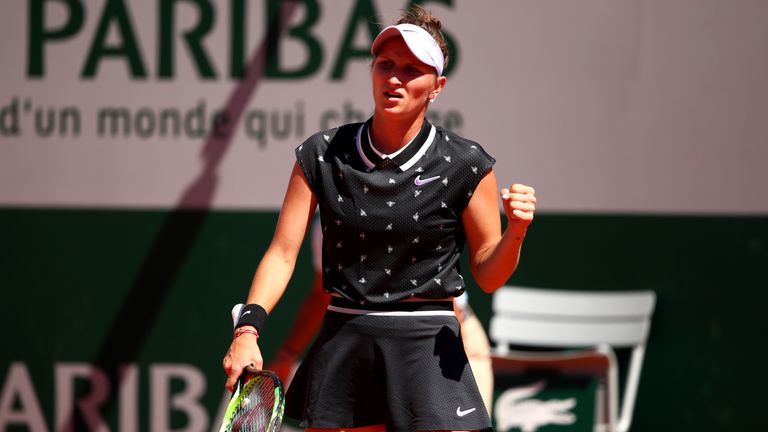 Marketa Vondrousova of The Czech Republic Celebrates during her ladies singles fourth round match against Anastasija Sevastova of Latvia during Day eight of the 2019 French Open at Roland Garros on June 02, 2019 in Paris, France