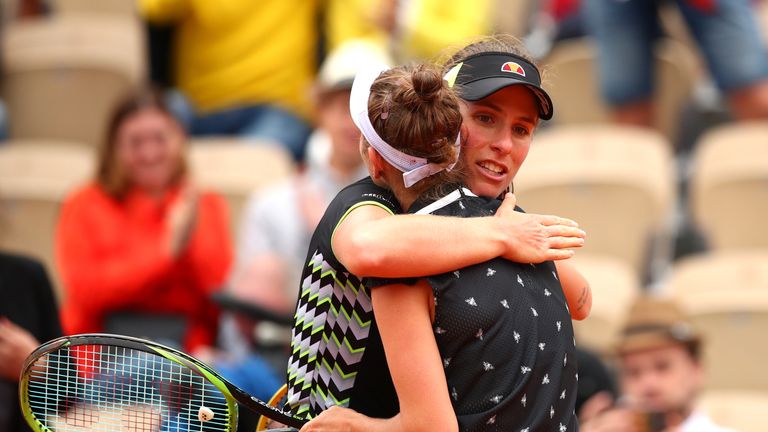 Marketa Vondrousova of The Czech Republic embraces Johanna Konta of Great Britain following their ladies singles semi-final during Day thirteen of the 2019 French Open at Roland Garros on June 07, 2019 in Paris, France.