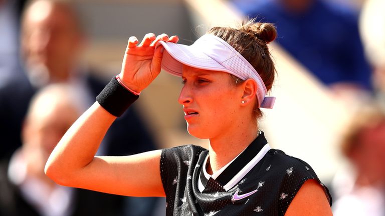 Marketa Vondrousova of The Czech Republic reacts during the ladies singles final against Ashleigh Barty of Australia during Day fourteen of the 2019 French Open at Roland Garros on June 08, 2019 in Paris, France