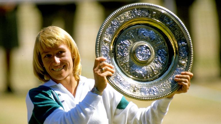 Martina Navratilova of the USA holds up the winner plate after winning the Wimbledon Championships played at Wimbledon, London, England