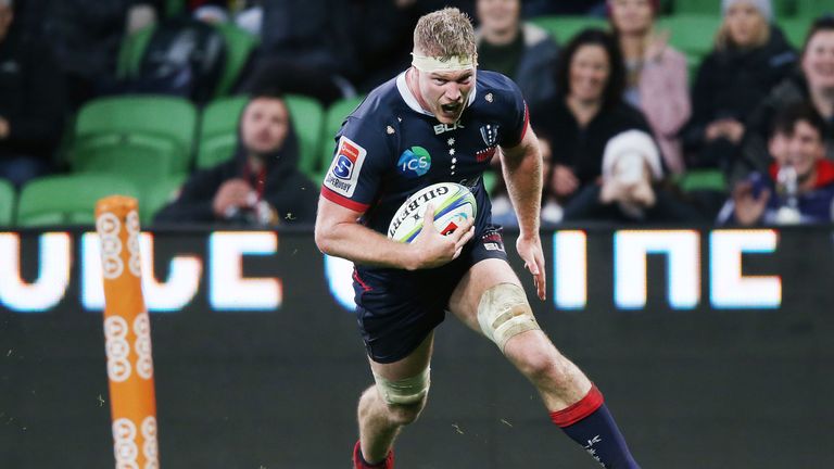 MELBOURNE, AUSTRALIA - JUNE 14: Matt Philip of the Rebels runs with the ball on his way to scoring a try during the round 18 Super Rugby match between the Rebels and the Chiefs at AAMI Park on June 14, 2019 in Melbourne, Australia. (Photo by Michael Dodge/Getty Images)