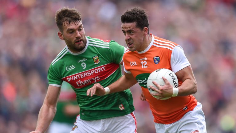 Stefan Campbell of Armagh in action against Aidan O&#39;Shea of Mayo