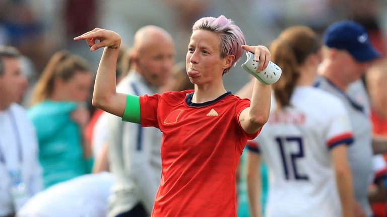 Megan Rapinoe gestures during the Women's World Cup