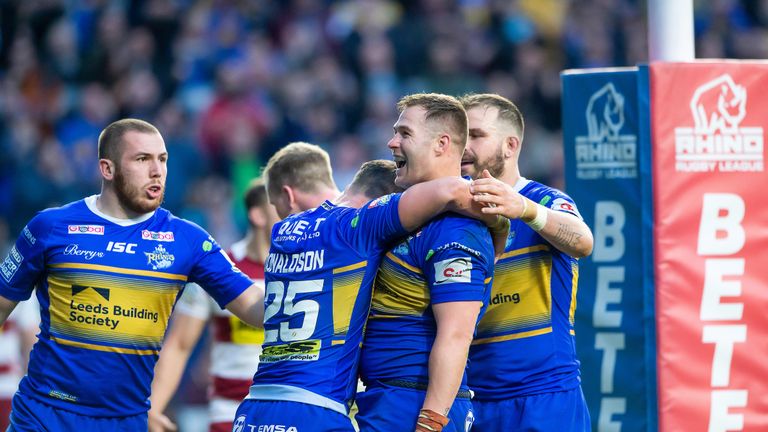 Leeds' Trent Merrin celebrates his crucial try to put the Rhinos in front 