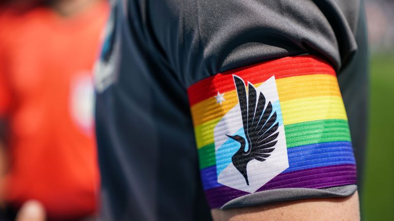 Jun 2, 2019; Saint Paul , MN, USA; A detail view of the captains armband worn by Minnesota United midfielder Osvaldo Alonso (6) prior to the Pride Game against the Philadelphia Union at Allianz Field. Mandatory Credit: Brace Hemmelgarn-USA TODAY Sports/Sipa USA