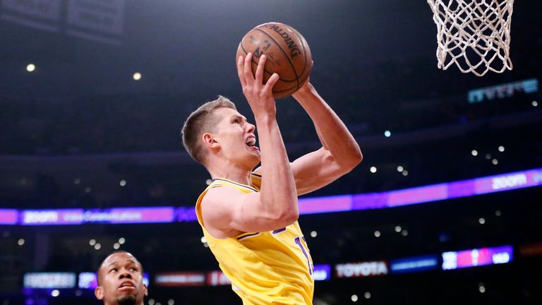 Moritz Wagner #15 of the Los Angeles Lakers shoots the ball against the Portland Trail Blazers on April 9, 2019 at STAPLES Center in Los Angeles, California. 