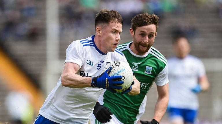 Karl O'Connell of Monaghan in action against Ciaran Corrigan of Fermanagh