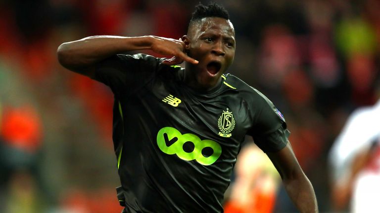 Djenepo celebrates scoring against Sevilla at Stade Maurice Dufrasne during the Europa League group stage in November 2018.
