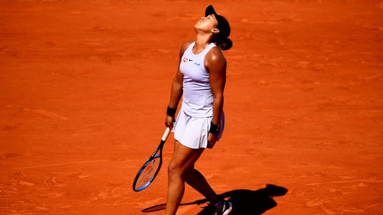 Naomi Osaka of Japan reacts during her ladies singles third round match against Katerina Siniakova of The Czech Republic during Day seven of the 2019 French Open at Roland Garros on June 01, 2019 in Paris, France