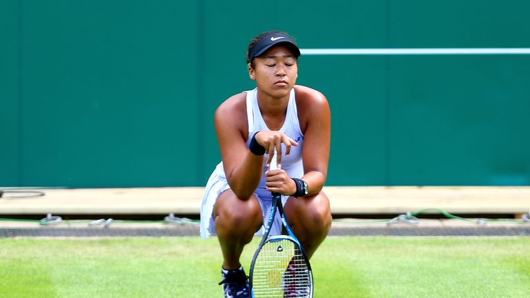 Naomi Osaka of Japan reacts during her second round match against Yulia Putintseva of Kazakhstan during day four of the Nature Valley Classic at Edgbaston Priory Club on June 20, 2019 in Birmingham, United Kingdom. 