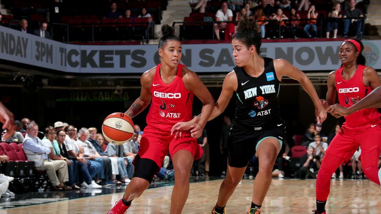 Natasha Cloud #9 of the Washington Mystics handles the ball during the game against the New York Liberty on June 7, 2019 at the Westchester County Center, in White Plains, New York.