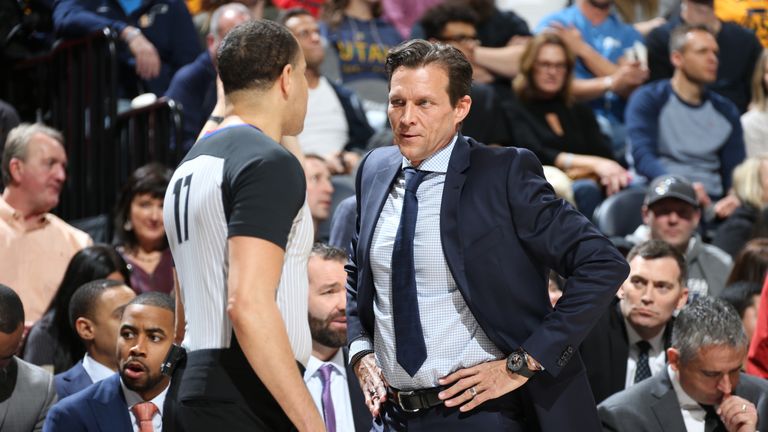 Utah Jazz head coach Quin Snyder discusses a call with a referee