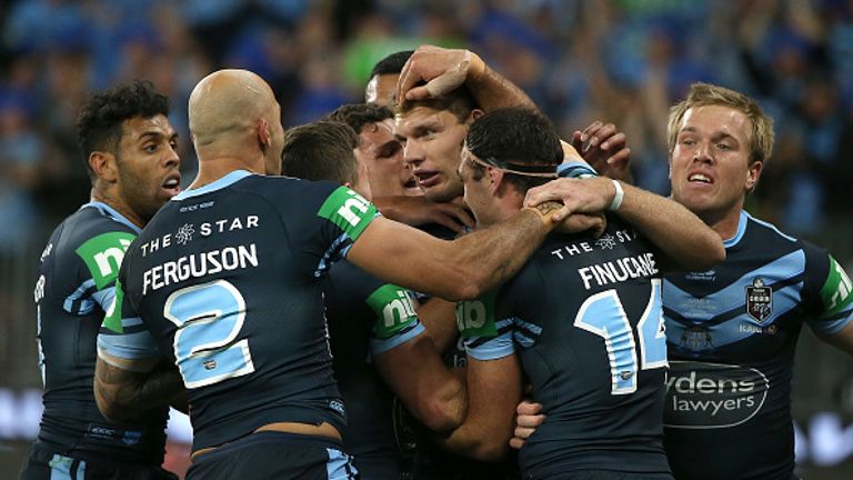 Tom Trbojevic celebrates the opening try for New South Wales