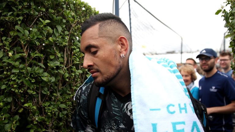 Nick Kyrgios of Australia leaves the court following victory in his First Round Singles Match against Roberto Carballes Baena of Spain during day Four of the Fever-Tree Championships at Queens Club on June 20, 2019 in London, United Kingdom