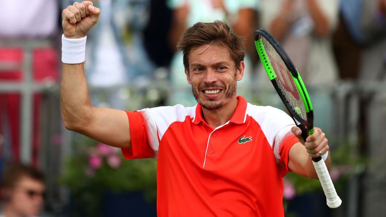 Nicolas Mahut of France celebrates victory during his Second Round Singles Match against Stan Wawrinka of Switzerland during day Four of the Fever-Tree Championships at Queens Club on June 20, 2019 in London, United Kingdom. 