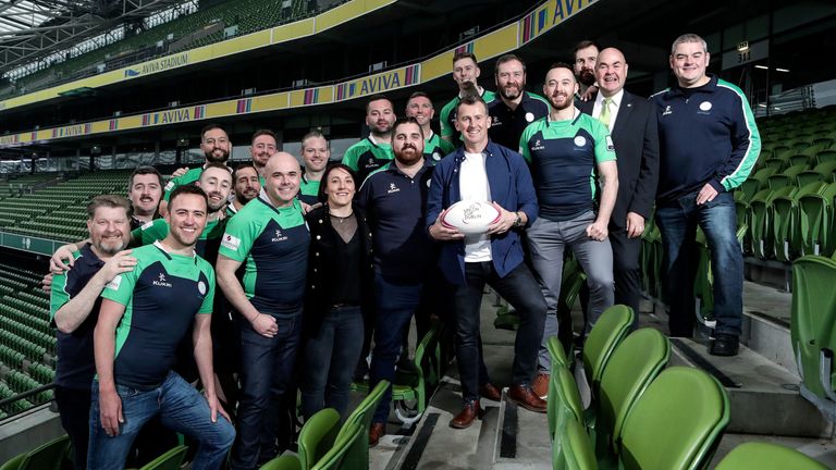 2019 Union Cup Launch, Aviva Stadium, Dublin 8/4/2019.Nigel Owens, MBE, kicks off Union Cup Dublin 2019, Europe's biggest LGBT+ inclusive rugby tournament which will be held in DCU from the 7th-9th June. Standing shoulder to shoulder to promote diversity and inclusion in rugby is Irish women's international Lindsay Peat, former Irish international, Gordon D'arcy and Minister Katherine Zappone. ....Pictured today is Nigel Owens with the Emerald Warriors RFC.Mandatory Credit ..INPHO/Laszlo Geczo