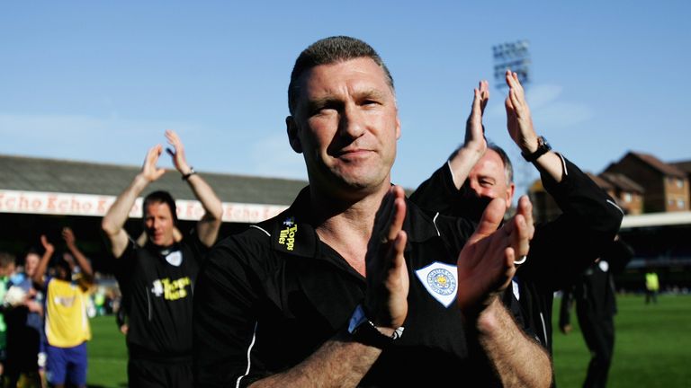 Manager Nigel Pearson applaudes the fans after victory in the Coca-Cola Football League One match between Southend United and Leicester City at Roots Hall on April 18, 2009 in Southend, England.  Leicester City are now crowned champions of League One. 